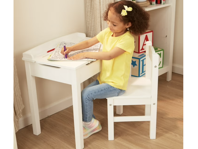 New in Box Wooden Child's Lift-Top Desk & Chair, White