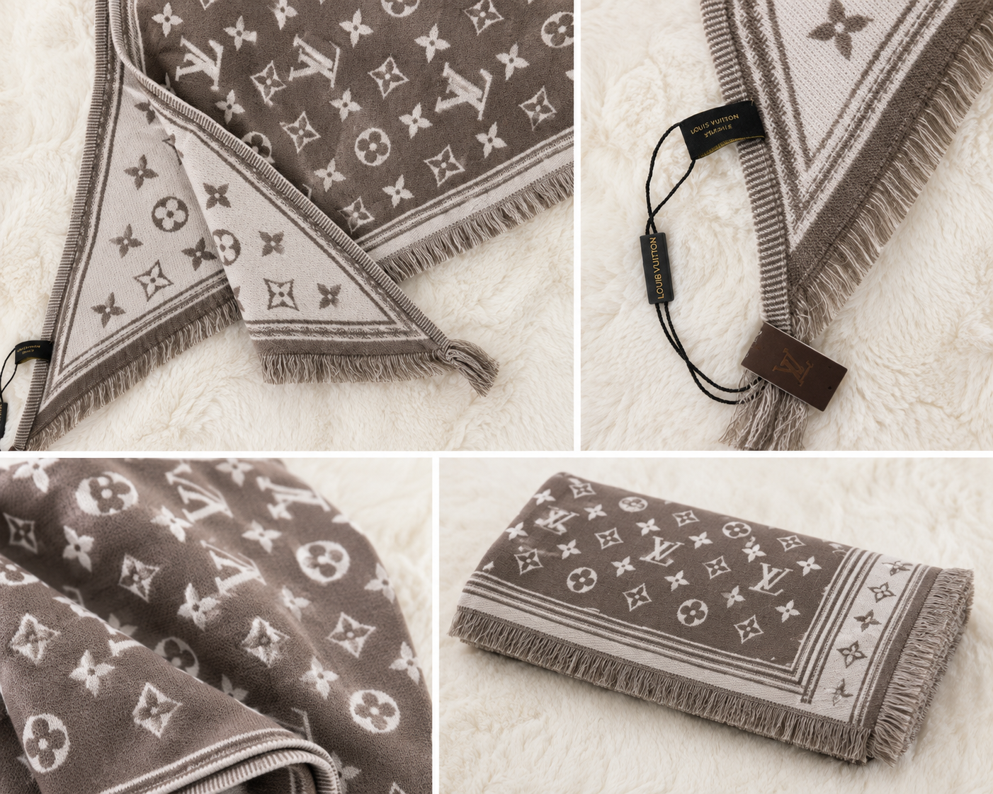 LV Monogram Fashion Inspired Cashmere Winter Scarf Shawl Wrap Taupe/Cream New