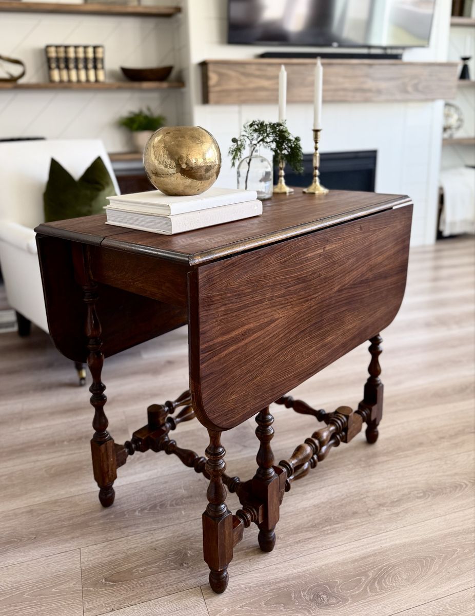 Antique Raw Wood Drop Leaf Dining Table Console
