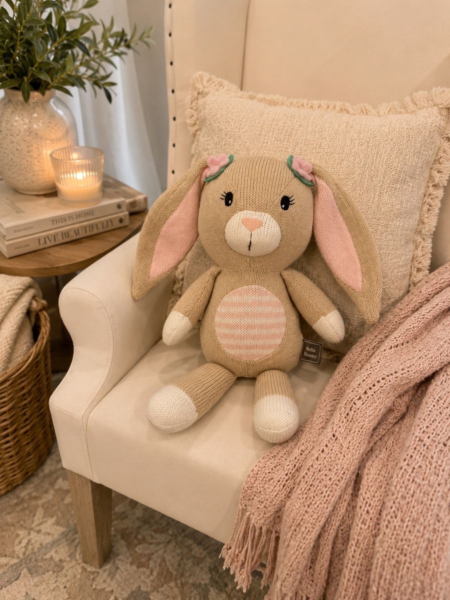 Cuddle + Kind Belle Bunny Knitted Stuffed Bunny Toy with Pink Ears and Flowers