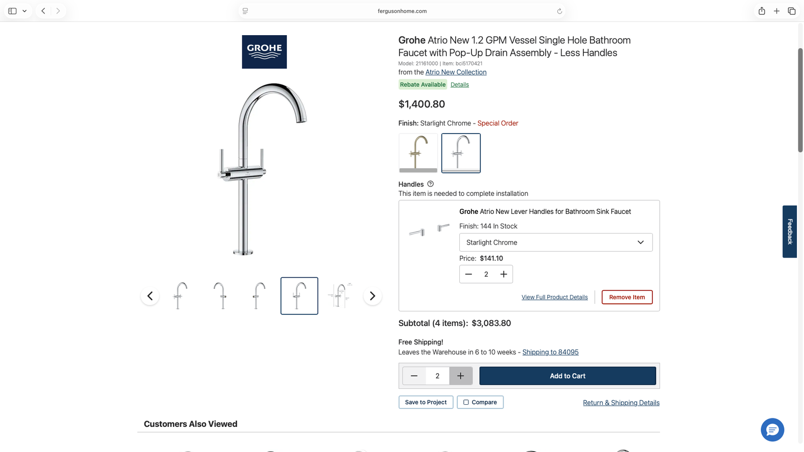 2 Matching Chrome Grohe Atrio New 1.2 GPM Vessel Single Hole Bathroom Faucets - With Handles and Chrome Drain Traps