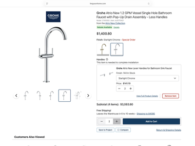 2 Matching Chrome Grohe Atrio New 1.2 GPM Vessel Single Hole Bathroom Faucets - With Handles and Chrome Drain Traps