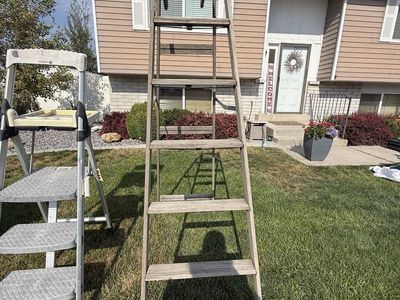 Vintage Wooden Stepladder - Tall Wooden A-Frame Ladder with Fold-Out Shelf 8ft
