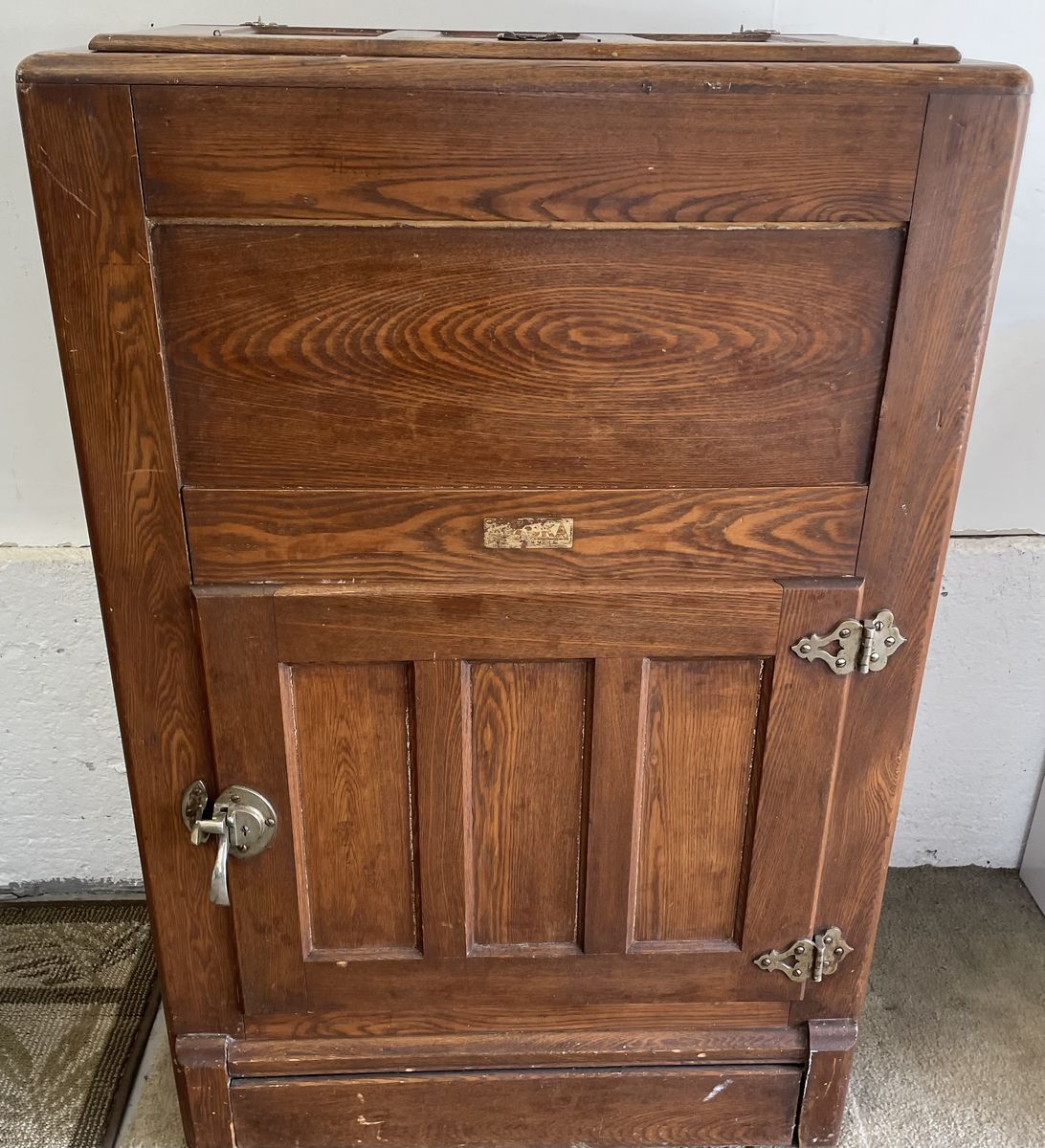 Antique Alaska Ice Box Refrigerator - Original Hardware & Ice Tongs