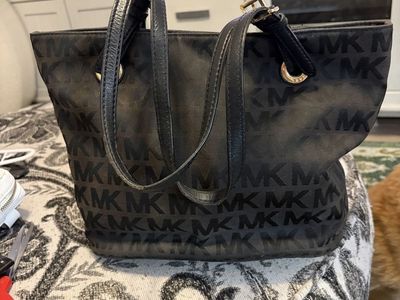 Michael Kors Black MK Logo Canvas Tote Bag with Leather Straps