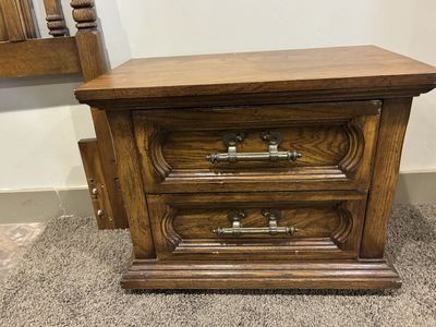 Vintage Solid Wood Nightstands / End Tables (2) with 2 Drawers - Ornate Brass Pulls