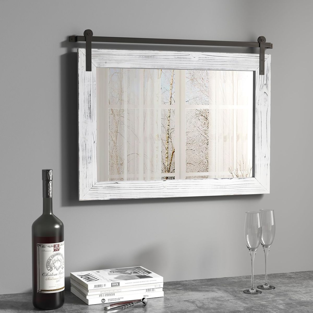 COGOOD Farmhouse Barn Door Mirror - 25 x 18 Rustic Wood Framed Decrative Mirror for Bathroom, Living Room, Entryway Wall Decor (