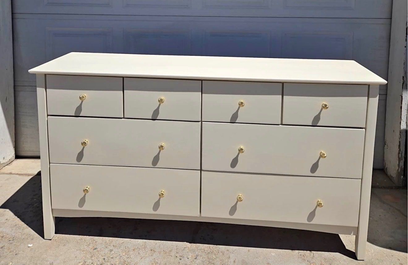 Beautiful 8-drawer dresser freshly refinished in a clean, neutral off-white/linen color.