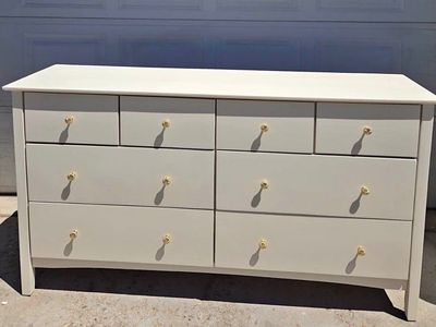 Beautiful 8-drawer dresser freshly refinished in a clean, neutral off-white/linen color.