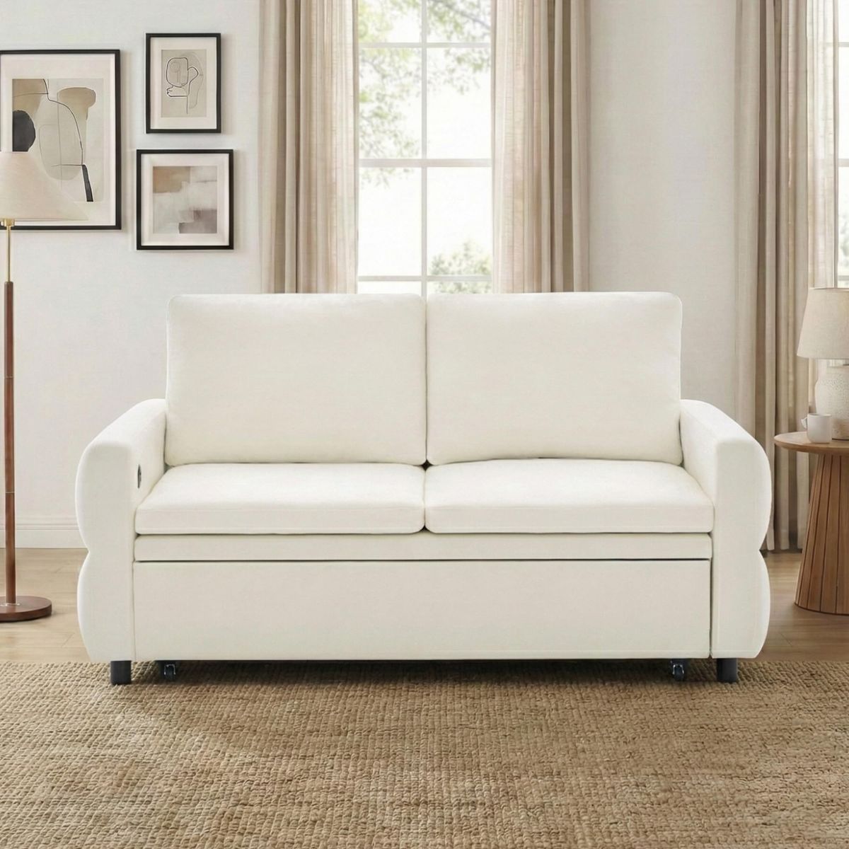 New! Convertible Sleeper Sofa Loveseat, Off-White/Cream, Pull-Out Chaise Lounge Bed