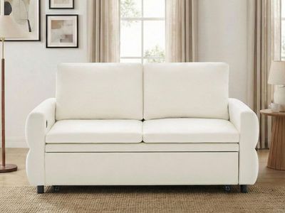 New! Convertible Sleeper Sofa Loveseat, Off-White/Cream, Pull-Out Chaise Lounge Bed