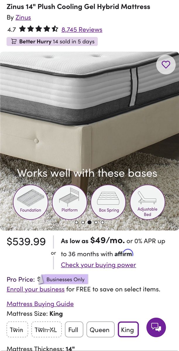 Zinus 14 KING Plush Cooling Gel Hybrid Mattress