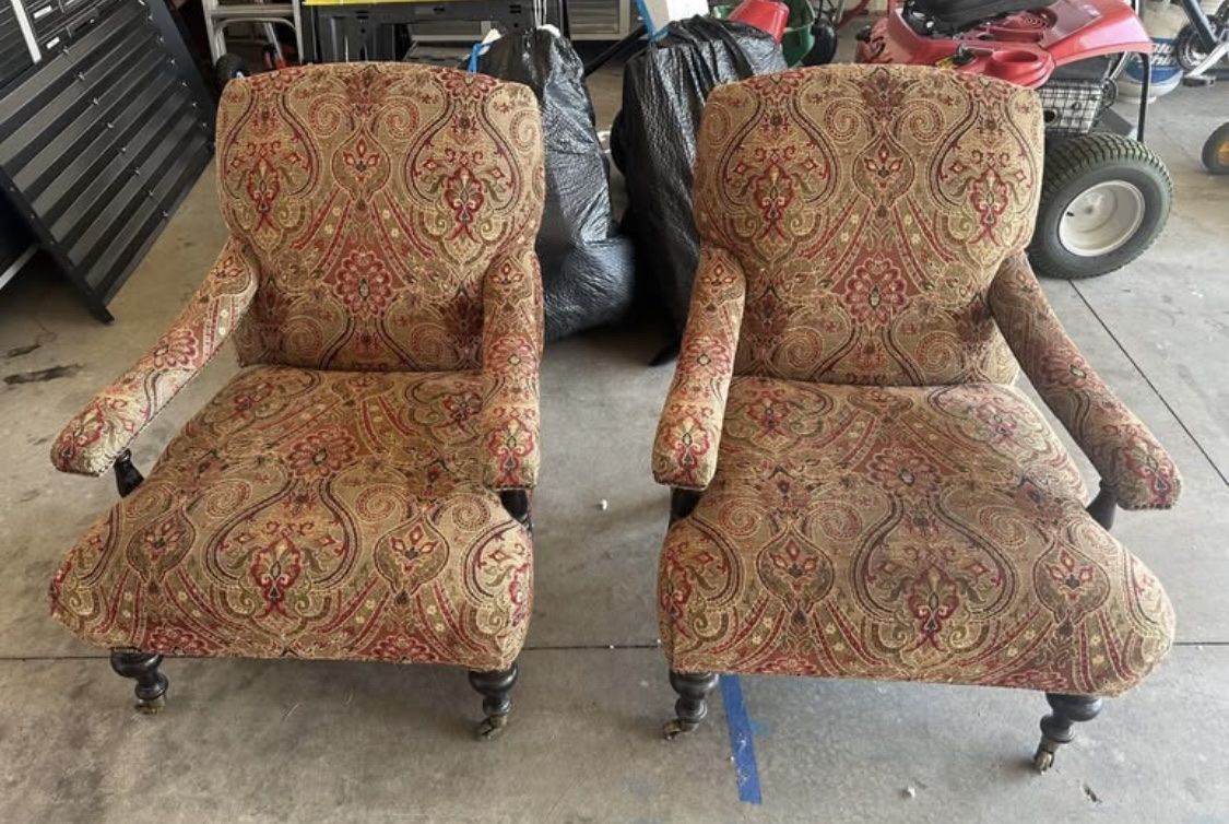 Pair of Custom Paisley Patterned Accent Armchairs with Casters