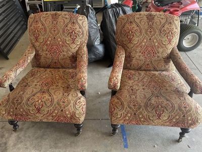 Pair of Custom Paisley Patterned Accent Armchairs with Casters