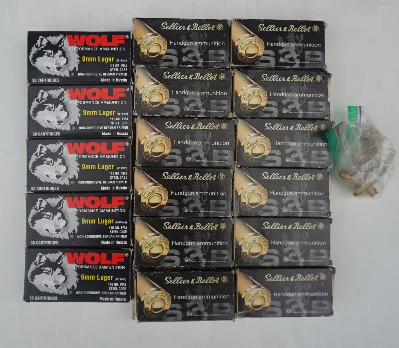 9mm Ammo Wolf 115gr fmj (250 rds) Sellier & Bellot 124gr fmj (600 rds)