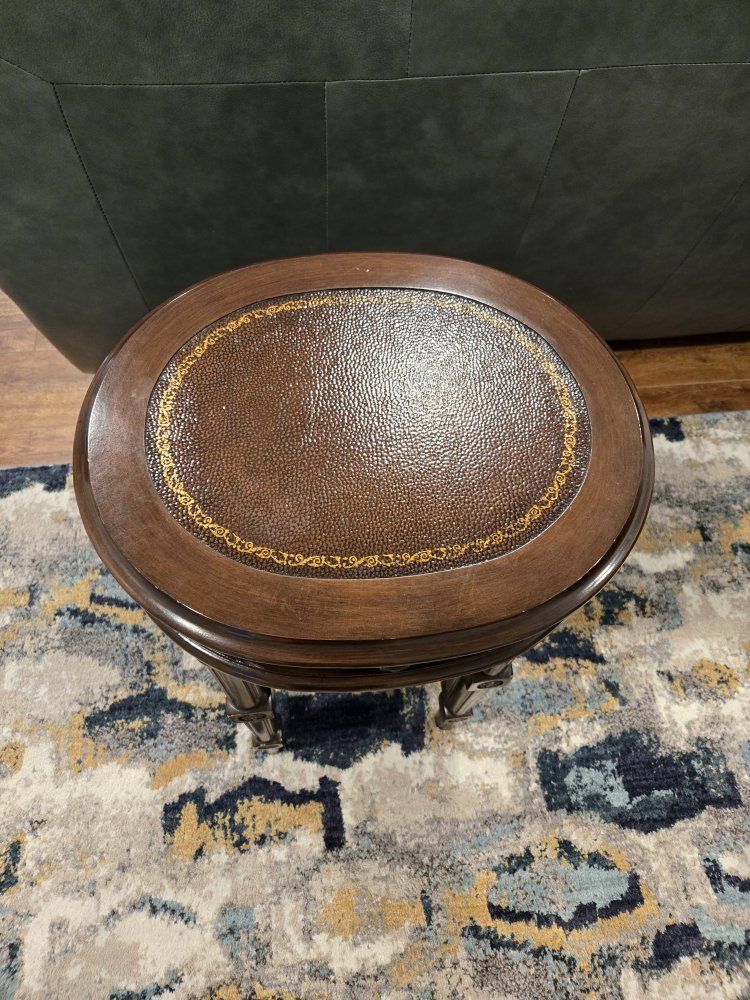 Round Wood End Table with Leather Inlay Top & Drawer - Classic Style
