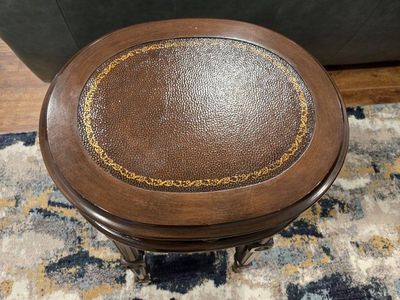 Round Wood End Table with Leather Inlay Top & Drawer - Classic Style
