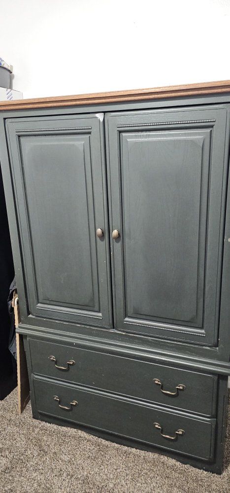FREE Dark Green Wooden Armoire Cabinet with Two Lower Drawers and Natural Wood Top