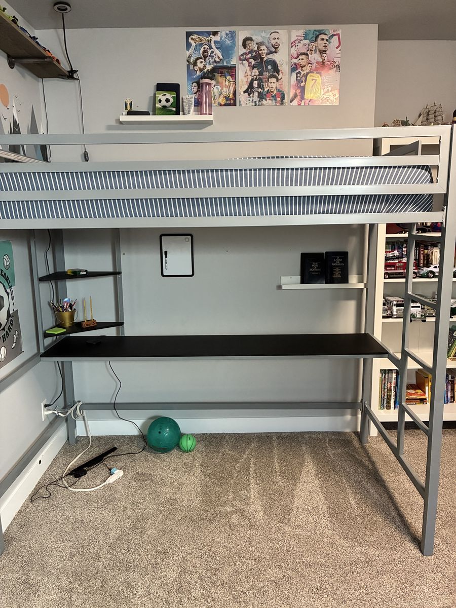 Metal loft bed with desk and corner shelf