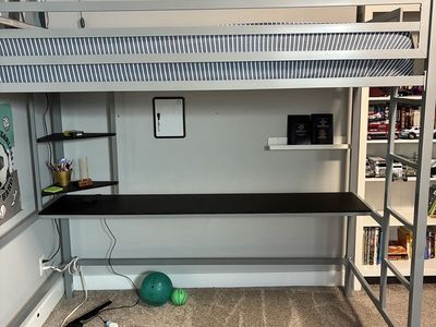 Metal loft bed with desk and corner shelf