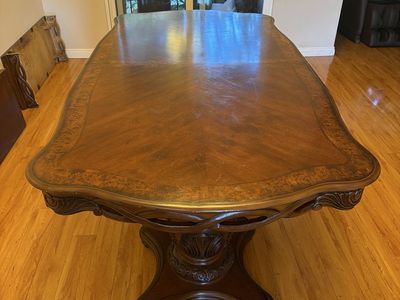 Large Wooden Dining Table with Detailed Carved Pedestal Base