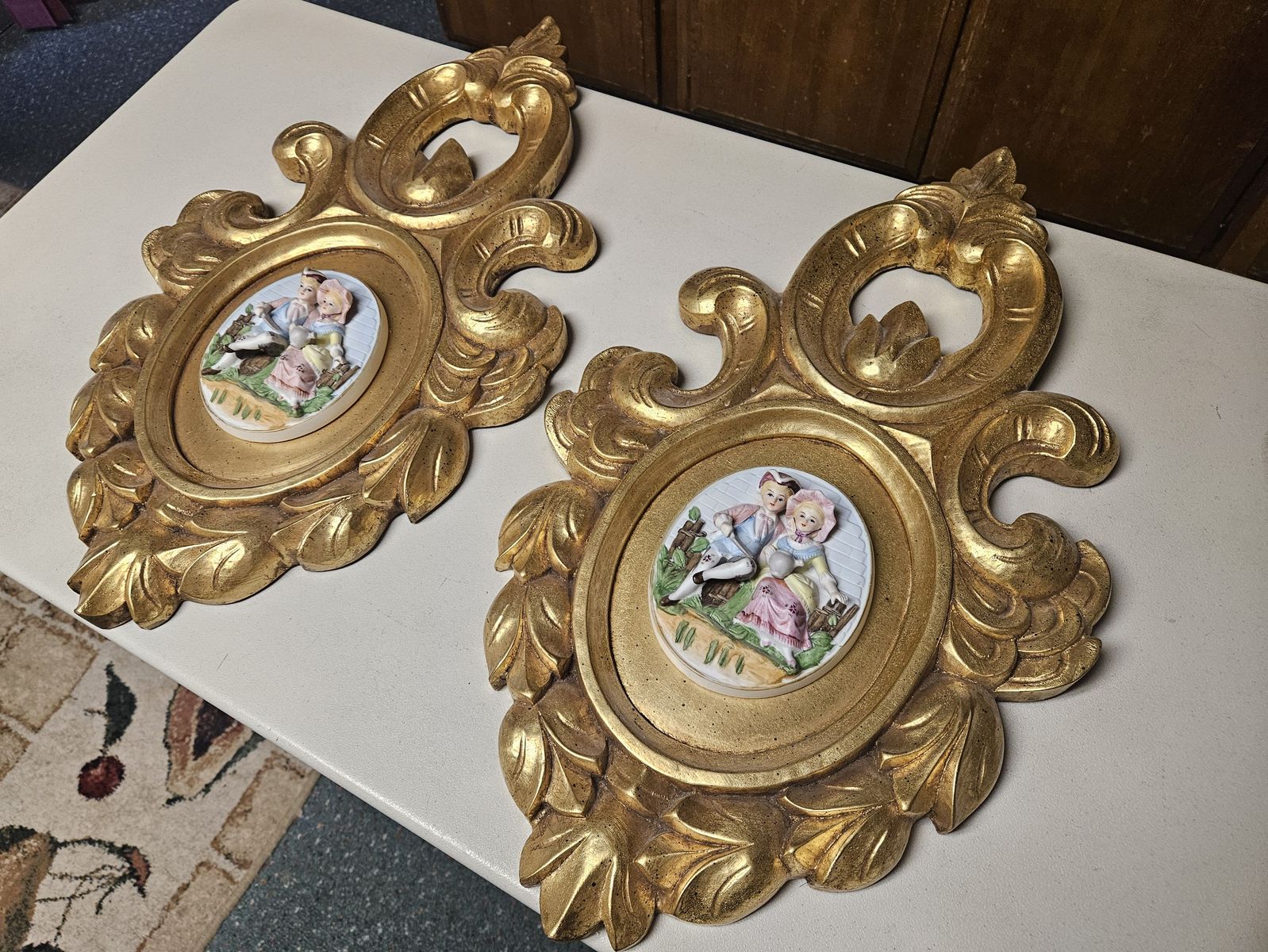 Vintage Gold and Porcelain Wall Paintings Plaques Antique