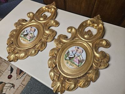Vintage Gold and Porcelain Wall Paintings Plaques Antique