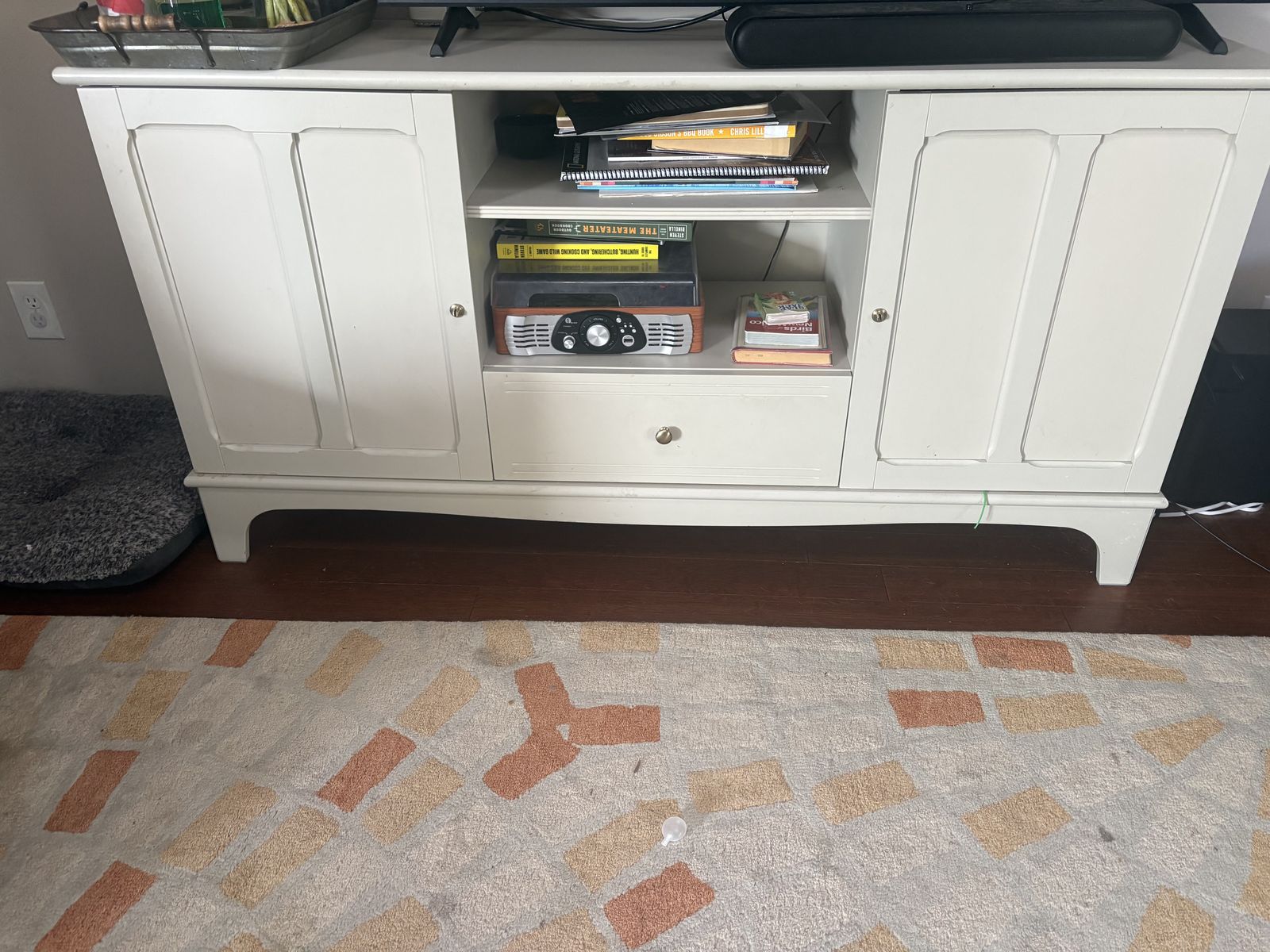 White Wood TV Stand Media Console with Storage Cabinets and Drawer