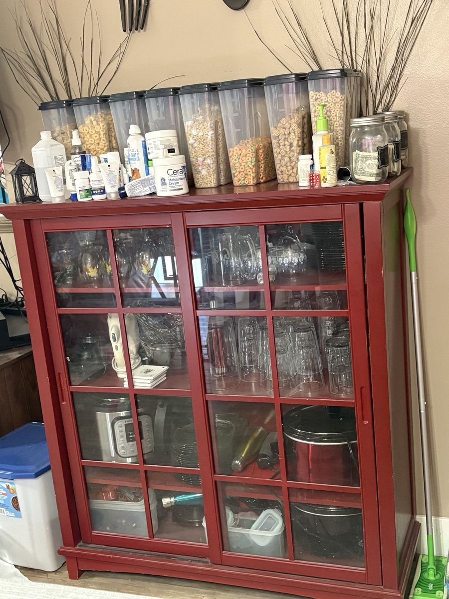 Red Wooden Display Cabinet with Glass Sliding Doors