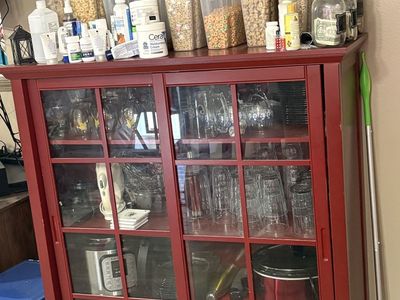 Red Wooden Display Cabinet with Glass Sliding Doors