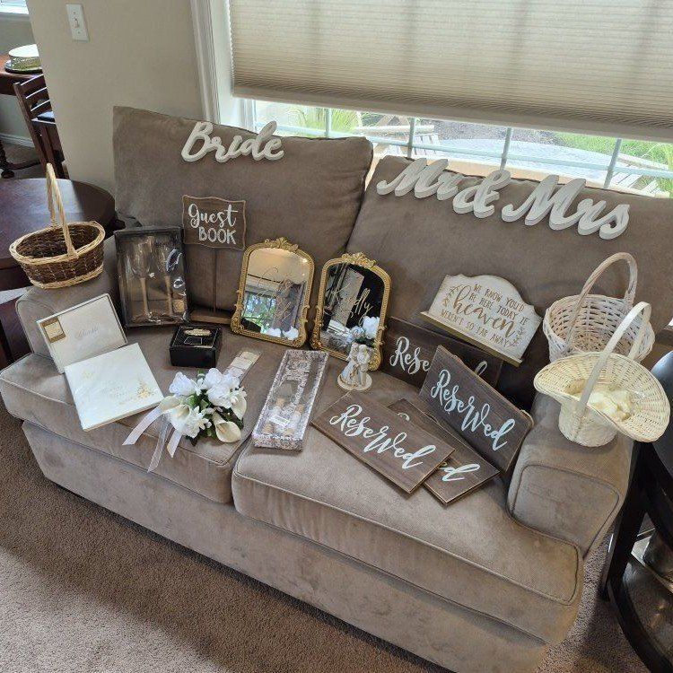 Wedding Decor Lot: Bride & Mr & Mrs Signs, Guest Book, Baskets, Reserved Signs, Mirrors, Cake Topper