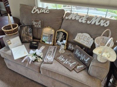 Wedding Decor Lot: Bride & Mr & Mrs Signs, Guest Book, Baskets, Reserved Signs, Mirrors, Cake Topper