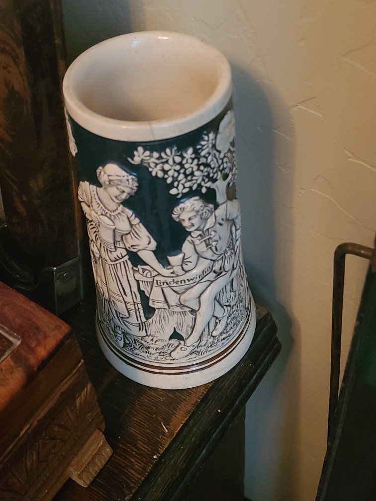 Vintage Ceramic Beer Stein Lindenwirtin Relief Design Green White