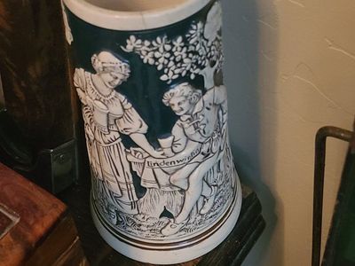 Vintage Ceramic Beer Stein Lindenwirtin Relief Design Green White