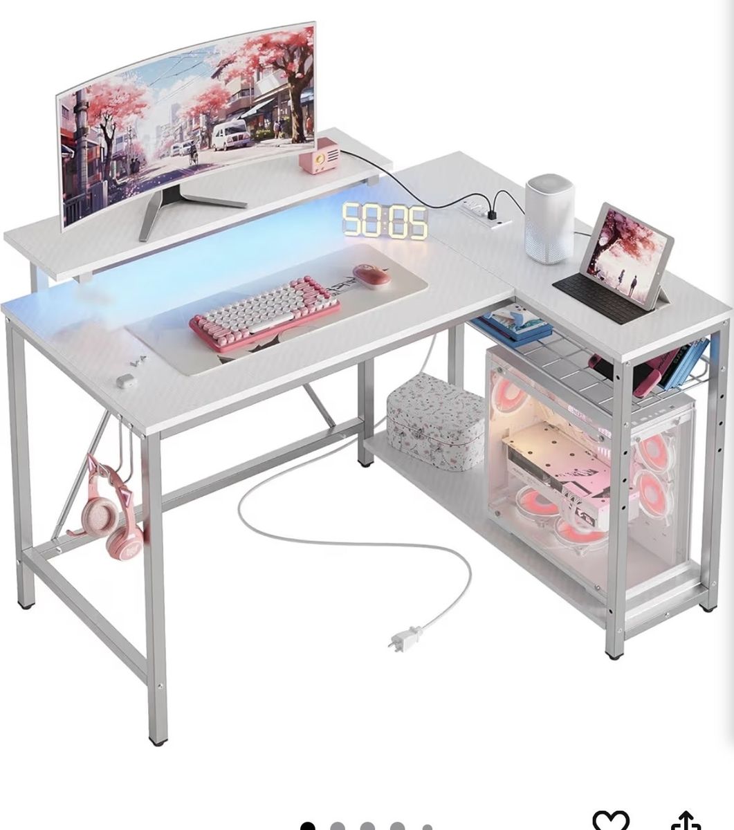 White L-Shaped Carbon Fiber Gaming / Computer Desk with LED Lights, Monitor Stand, & Storage Shelves