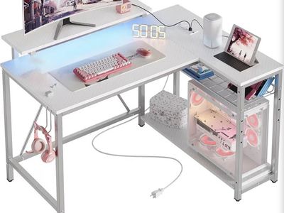 White L-Shaped Carbon Fiber Gaming / Computer Desk with LED Lights, Monitor Stand, & Storage Shelves