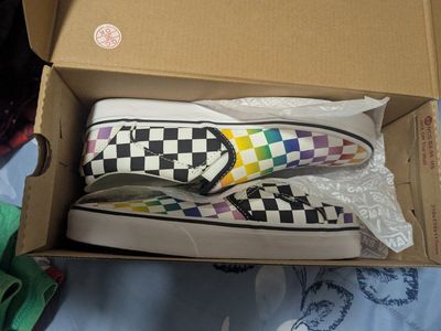 Vans Rainbow Check Black/White Slip-On Shoes - Women's 8.5W