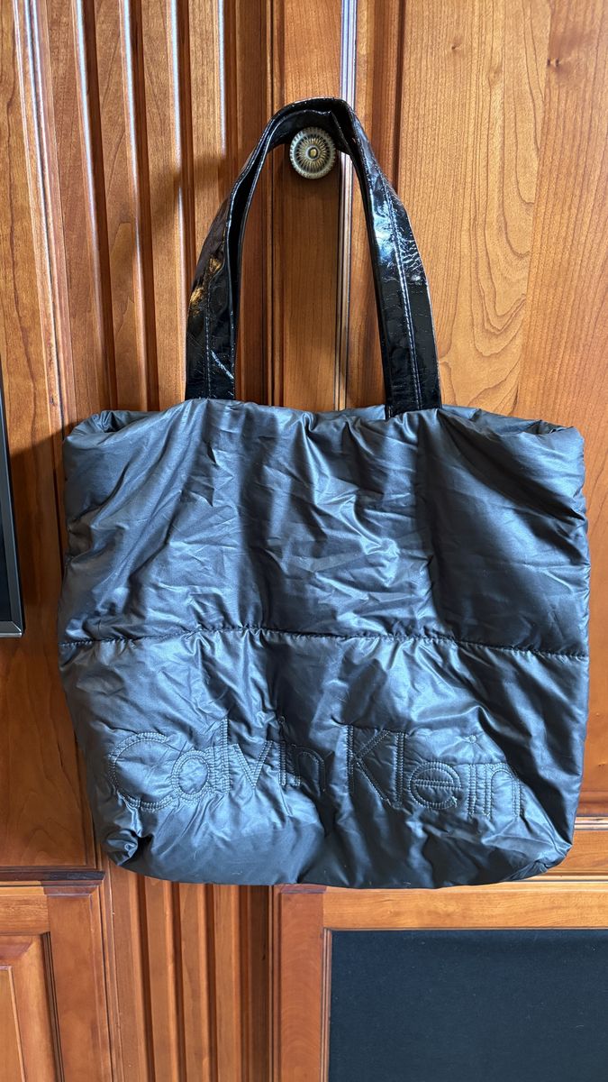 Calvin Klein Black Puffer Tote Bag with Patent Leather Straps