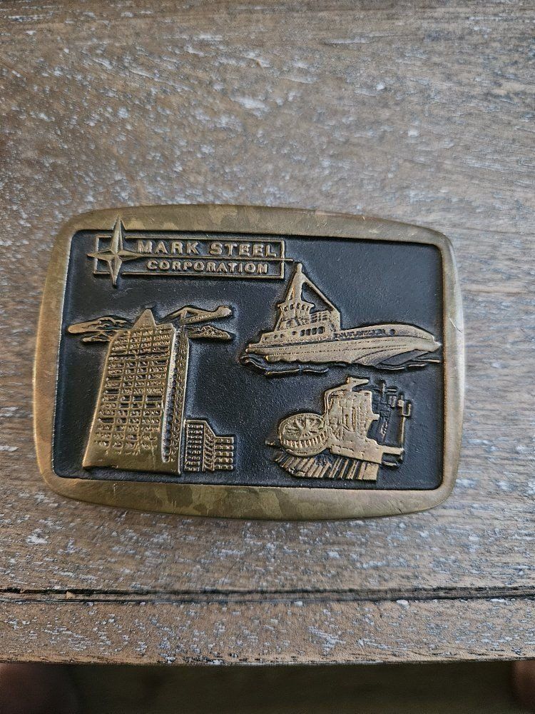Vintage 1991 Anacortes Brass Works Solid Brass Mark Steel Corp Belt Buckle