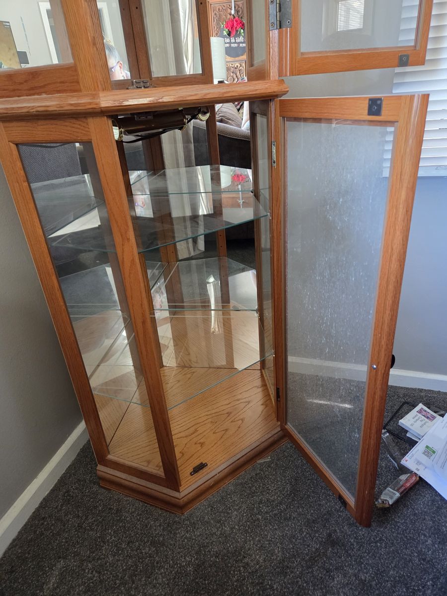 Oak Corner Curio Cabinet Display Hutch with Glass Shelves and Mirrored Back