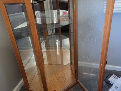 Oak Corner Curio Cabinet Display Hutch with Glass Shelves and Mirrored Back
