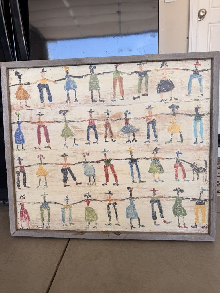 Sugarboo Rustic Folk Art "People Holding Hands" Framed Wall Decor - Charming Farmhouse Style