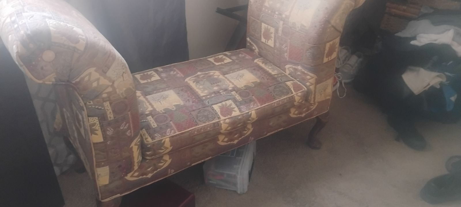 Queen Anne Style Rolled Arm Window Seat Bench with Ornate Upholstery