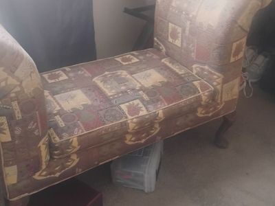 Queen Anne Style Rolled Arm Window Seat Bench with Ornate Upholstery