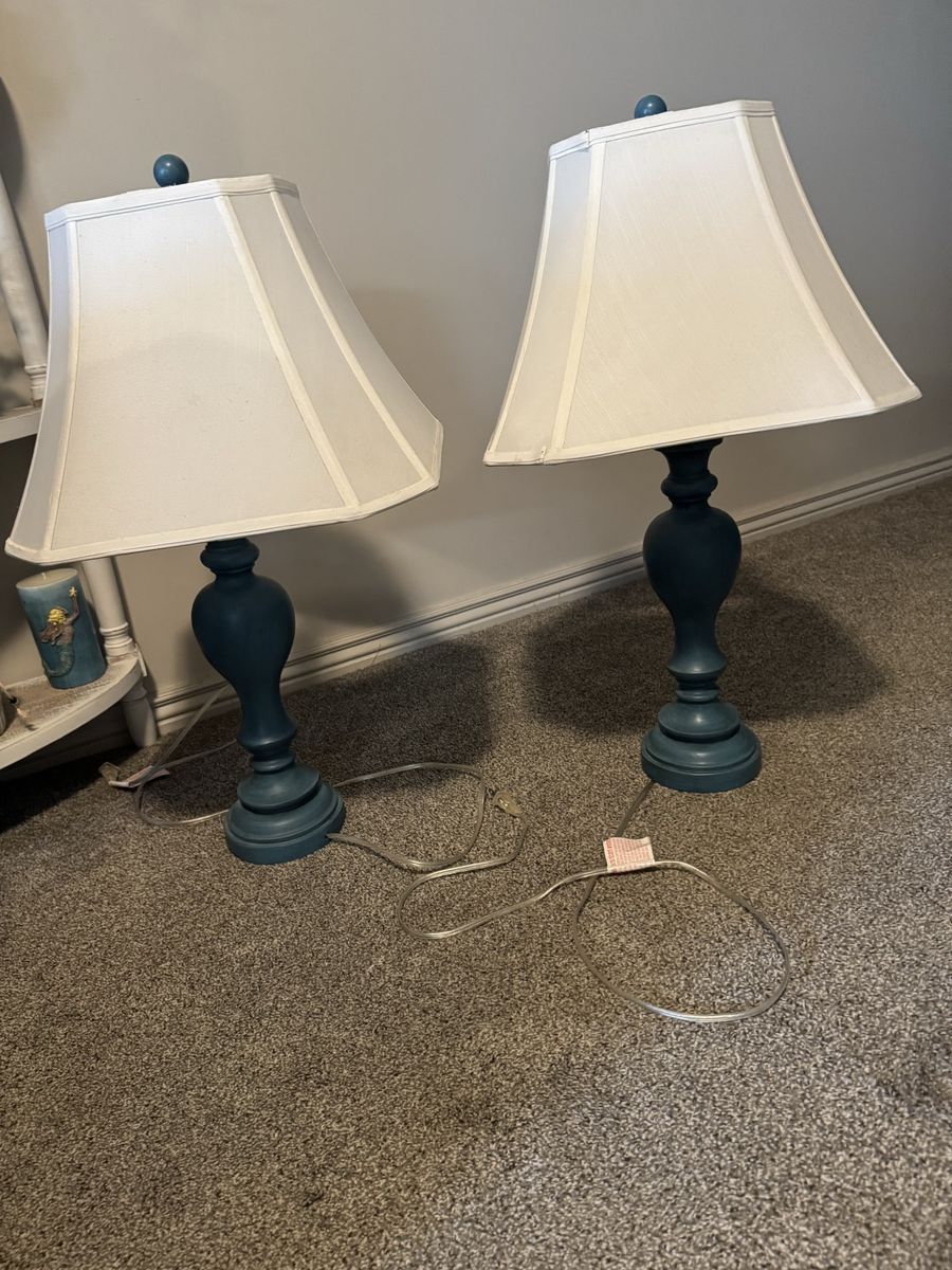 Pair of Teal Blue Table Lamps with White Fabric Shades - Home Decor Accent Lighting