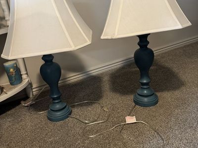 Pair of Teal Blue Table Lamps with White Fabric Shades - Home Decor Accent Lighting