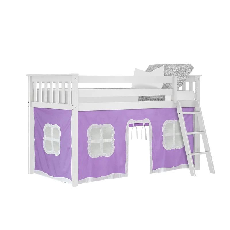 White Wood Twin Loft Bed with  Playhouse Curtains & Ladder - Kids Bedroom Furniture - 2 beds