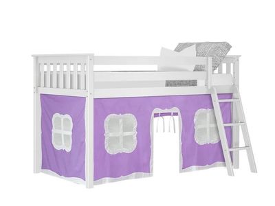 White Wood Twin Loft Bed with Playhouse Curtains & Ladder - Kids Bedroom Furniture - 2 beds