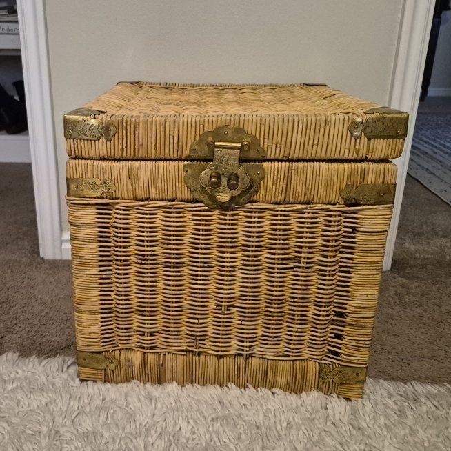 Wicker Chest with Brass Accents - Versatile Home Decor