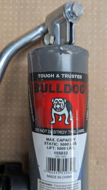 BULLDOG Round Trailer Jack, A-Frame, 5,000 lbs. Lift Capacity, Topwind, Bolt-On, 15 Inch Travel Part No 155032